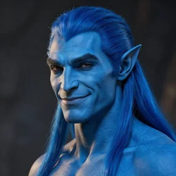 a portrait of a blue skin humanoid male with, noble, smiling, chiseled jaw, slightly smiling, elf ears, beautiful man, long blue hair in a ponytail, short hair on sides, style by donato giancola, wayne reynolds, jeff easley, dramatic light, high detail, cinematic lighting, artstation