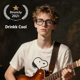 cover album art, drunken cool skinny boy with a snoopy tee-shirt, a brown telecaster and square glasses