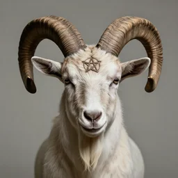 a realist color portrait a human with a goat head with large curly horns and a pentagram on its forehead, empty background
