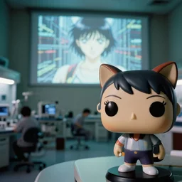 fuji 5 0 r, 3 5 mm, hyperrealism ; closeup ran film still of busy medical bay interior with window view ; in the background projection of beautiful matrix film still of seinen manga funko pop cat statue in style of 1 9 9 0 frontier in extreme closeup porcelain photography magazine architectural studio edition, highly detailed, cinematic lighting, 8 k