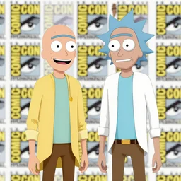 Heinz Doofenshmirtz meets Rick Sanchez at Comic Con Convention, Realistic, HD Quality, 8k Resolution, Digital Art, Trending on Artstation