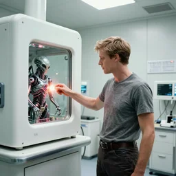 brett kavanaugh reprising a role in the movie promethius where the machine extracts the implanted alien seed inside his body. film grain. white alien medical room. white alien machine glass panel. lens flare. color footage.