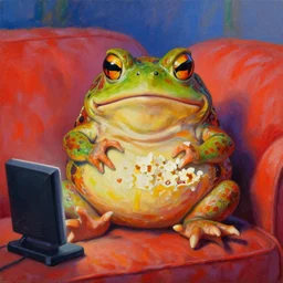 hyper realistic oil painting of toad watching a tv movie eat popcorn chill on the couch, vibrant colors, high contrast, by greg rutkowski, trending on artstation, caricaturist