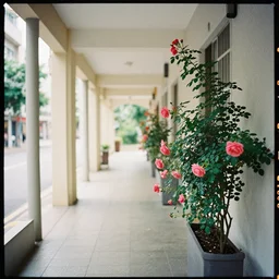 kodak portra 8 0 0, flickr photograph view of a hallway street street with roses in neo - venezia in a calm breezy afternoon with a small store in one of the walls