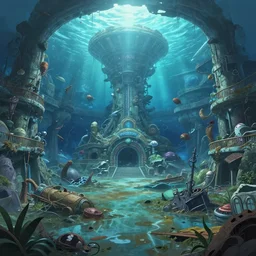 detailed interior of giant underwater marine theme park LeMU, Erste Boden, completely flooded, destroyed, submerged, ruined, wrecked, anime key visual