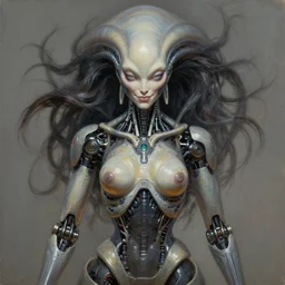 perfectly centered symmetrical portrait, front view of a beautiful biomechanical android alien robot buddha, female, flowing hair, intense stare, sarcastic smile, concept art, intricate detail, volumetric shadows and lighting, realistic oil painting by h. r giger,
