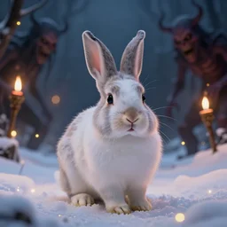 close-up portrait of little bunny hopping through the snow, winter scene fantasy, fireflies, torch light, scary creatures in background, intricate, elegant, highly detailed, centered, smooth, sharp focus, Donato Giancola, Joseph Christian Leyendecker, WLOP, Boris Vallejo, Artgerm