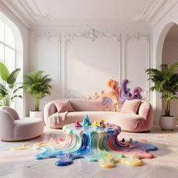 a modern indoor room surounded a hiper detailed colorfull melting wax, clean architecture, pastel colored, baroque, a couch, a couch table, some fresh plants, intricate detailed 3 d render, hyper realistic intricate acrilic fluid art, elegant, intense colors, wide shot, octane render, concept art, daylight, peaceful, 8 k