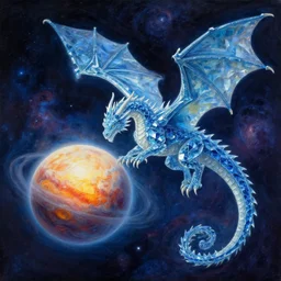 prompt crystalline blue dragon in space, devouring a planet, sun system, European dragon, dragon wings, nebula, oil painting, by Fernanda Suarez and and Edgar Maxence and greg rutkowski