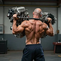 a muscular bald man carrying engines on his back