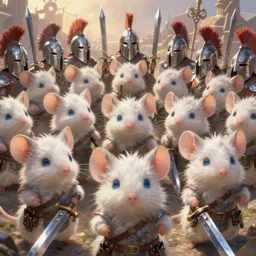 dungeons and dragons fantasy painting, close order phalanx of mice spartans, 3 0 0, whimsical and cute, determined expressions, watery blue eyes, anime inspired, white fur, tufty whiskers, steel blades, dawn lighting, at thermopolae by brain froud jessica rossier and greg rutkowski
