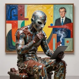portrait of a transforming masked athlete sitting on a statue eating chocolate looking at a tablet smoking vape with a large abstract painting hanging in the background by james jean and luc tuymans and beeple and hernan bas and pat steir and hilma af klint, psychological, 3 d, dripping paint, high quality render, masterpiece