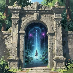 concept art painting of an ancient ornate stone archway, with a magical portal inside to another dimension, in the woods, realistic, detailed, cel shaded, in the style of makoto shinkai and greg rutkowski and james gurney