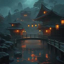 cozy fantasy empty onsen with wood bridges next to grand japanese pogotas night by greg rutkowski craig mullins ross tran mucha levitating lanterns lumen reflections matte painting fantasy specular lighting trending on artstation
