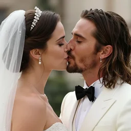 close up portrait wedding photo of jared leto dressed in a white tuxedo kissing a female version of himself dressed in a wedding gown