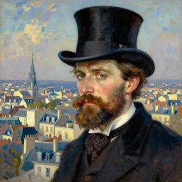 A beautiful digital art of a man with a beard and a top hat, looking over a cityscape.  by Henri de Toulouse-Lautrec