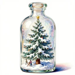 high intricate glimmering glass bottle containing a snow covered christmas tree inside, colored ink drawing, maria panfilova, andrea savchenko, mike kime, ludovic plouffe, qi sheng luo, oliver cook, david noren, trending on artstation