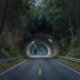 a beautiful landscape painting, a single lane tunnel with overhead lights, hiding in the shadows is a monster made from water, by sam guay, moody lighting, hyperrealism, 4 k, octane render