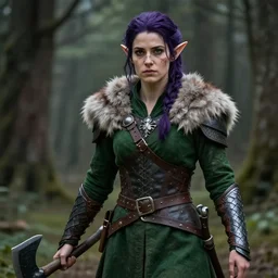 anya charlota as a medieval fantasy wood elf, dark purple hair tucked behind ears, wearing a green tunic with a fur lined collar and leather armor, short, muscular build, scar across nose, one black, scaled arm, wielding a battleaxe, cinematic, character art, digital art, forest background, realistic.