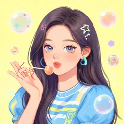 a caricature of im nayeon of twice, colorful, bubbles, candy - coated, sugary sweet, yellow and blue
