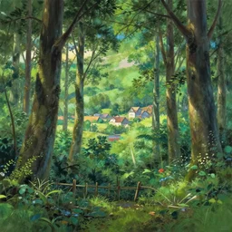 a beautiful scenic painting of forest panorama ground with fence and village in far distance by artgerm pixar and makoto shinkai and wes anderson