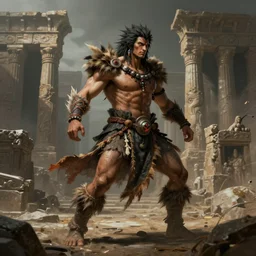 linearization, dynamic pose, costume design made by underworld tribes, sophisticated composition, old masters light composition, procedurally generated, dynamic brush strokes, epic human character posing for concept art, beautiful ancient ruins behind, substance designer, PBR, Ultra detailed, hyperrealistic, megascans, volumetric light, concept by master artist, made in paint tool SAI2, trending pixiv face