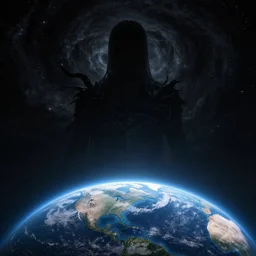 cosmic entity made of pitch black void gazing over earth, cinematic, concept art, arstation