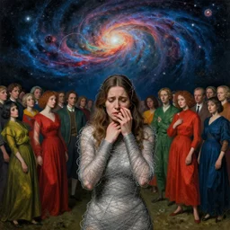 an anxious woman wrapped in wire, surrounded by a crowd of colorfully dressed people, a background of exploding nebulas, by hieronymous bosch