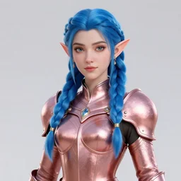 portrait of a regal elf with long blue braided hair wearing a rose gold breastplate, 3 d render by mandy jurgens, artgerm, julia razumova, and lu ji, centered, artsation contest winner, cgsociety, fantasy art, cryengine, concept art, photorealism, daz 3 d, sketchfab, zbrush, vray : 1 | helmet : -