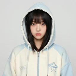 portrait of a korean sewer punk female student, hoody, cream and light blue color scheme, grunge aesthetic