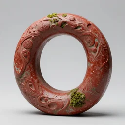 statue of a ring - shaped ouroboros, red stone, mossy, studio photography