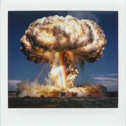 polaroid photo of colorful rainbow over the nuclear explosion