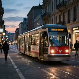 city tram in the evening, by charlie bowater, by hazem taha hussein, by h. r. giger, by ismail inceoglu