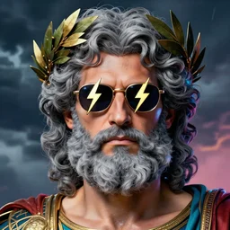 portrait of glamor greek god zeus | wearing lightning bolt sunglasses and a laurel wreath | curly gray hair, gray beard | storm background | highly detailed | very intricate | professional model | cinematic lighting | painted by donato giancola and mandy jurgens and charlie bowater | bold colors, artdeco, art deco outrun anime aesthestic, 8 0's nostalgia | featured on artstation