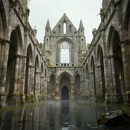 environment art of a flooded abbey, architecture art, octane render,