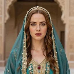 portrait of emma stone as princess jasmine in persian palace, by charlotte grimm, natural light, detailed face, beautiful enhanced features, symmetrical, canon eos c 3 0 0, ƒ 1. 8, 3 5 mm, 8 k, medium - format print, half body shot