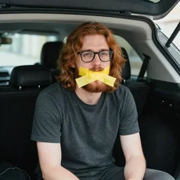 a photo of a handsome guy with chestnut hair long hair short beard glasses being kindapped in the trunk of a car with tape shutting his mouth