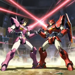two mechs dueling in arena, lasers, by makoto shinkai and hidari and wlop