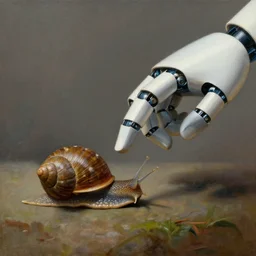 a robot hand touches a snail, realistic classic painting, digital art, trending on artstation