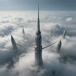 resonance of fate tower art, the last guardian skinny towers, looking down from an infinite spire poking out of the clouds, spire connected with rope bridge!!, babel, vertigo, huge distance, by craig mullins, by ruan jia!, ( ( dr sues ) ), cold, dramatic lighting
