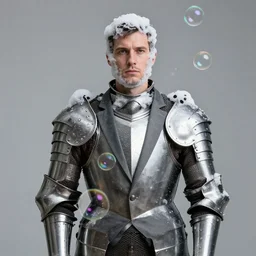 a man wearing a suit of armour made from soap bubbles.