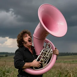 bob ross screaming at a giant pink tuba