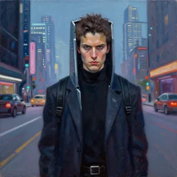 1 9 9 5 box art. netrunner cyberdeck. sly expression. on the streets of future la. character class. keith parkinson. oil on canvas.