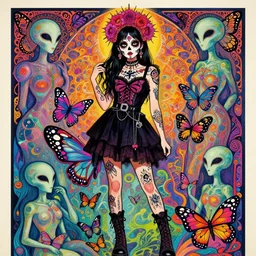cute punk goth fashion fractal Día de los Muertos tattooed girl posing among alien butterflies, psychedelic poster art of by Victor Moscoso Rick Griffin Alphonse Mucha Gustav Klimt Ayami Kojima Amano Charlie Bowater, masterpiece