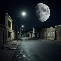an emty street of a city on the Moon called Noviy Norilsk, with a car at night with only by one street light, photo by Gregory Crewdson,