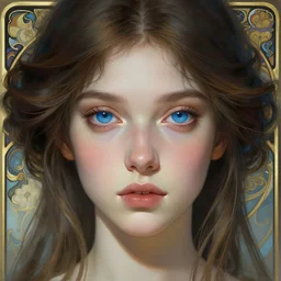 portrait of astonishingly beautiful girl, blue eyes, face, fantasy, intricate, elegant, highly detailed, digital painting, artstation, concept art, smooth, sharp focus, illustration, art by artgerm and greg rutkowski and alphonse mucha