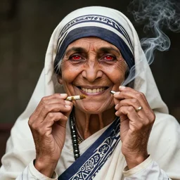mother theresa smoking marijuana, happy, red eyes