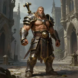 a highly detailed full body portrait painting of a muscular beautiful goliath in daedric - armor, poising for the camera, on an medieval gothic street, in the style of greg rutkowski and hans zatzka, digital art, sharp focus, highly realistic, octane render