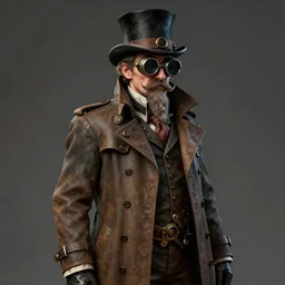 concept art of a middle aged steampunk inventor with handlebar mustache, wearing trenchcoat, goggles, and a top hat, studio lighting