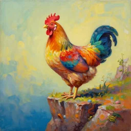 oil painting of a psychedelic chicken on the edge of a cliff